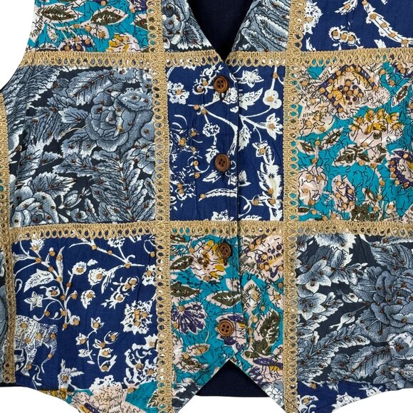 Vtg Casey & Max Button Up Patchwork Vest Sz Large Beaded Cotton Floral Blue Gold - Picture 11 of 12